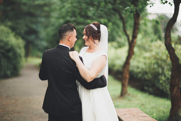 Romantic, fairytale, happy newlywed couple hugging and kissing in a park, trees in background