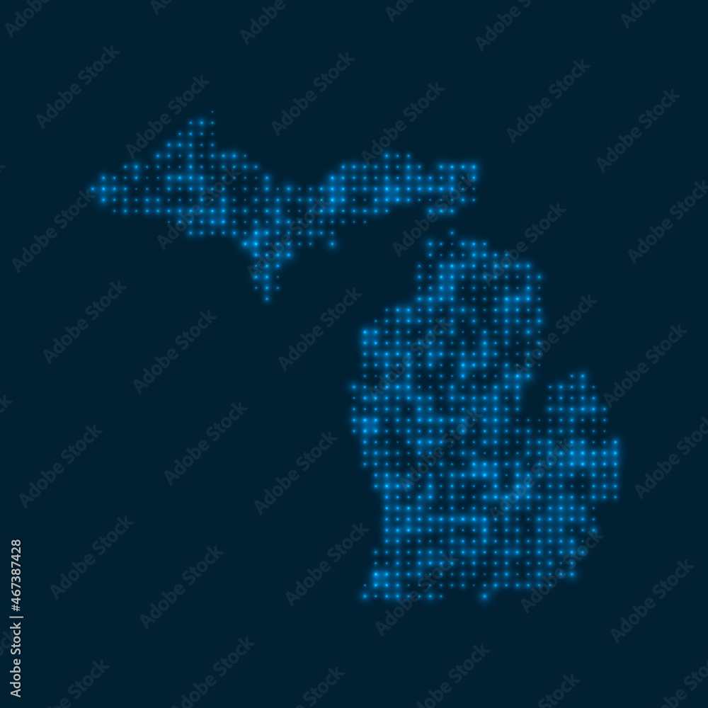 Wall mural Michigan dotted glowing map. Shape of the us state with blue bright bulbs. Vector illustration. - Wall murals