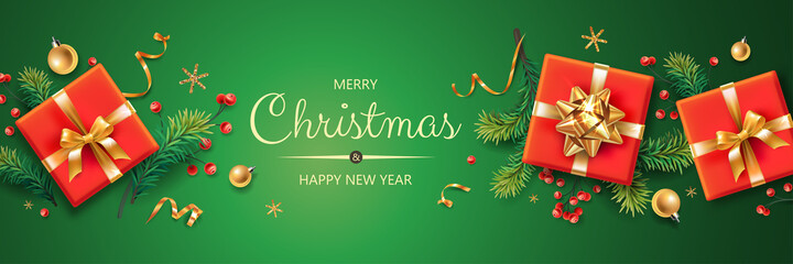 Fototapeta na wymiar Horizontal banner with Christmas symbols and text. Christmas tree, gifts, balls, decoration and other festive elements on green background.