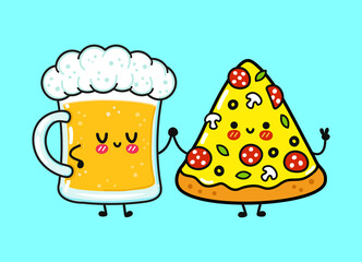 Cute, funny happy glass of beer and pizza. Vector hand drawn cartoon kawaii characters, illustration icon. Funny cartoon glass of beer and pizza mascot friends concept