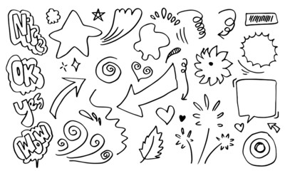 Hand drawn set elements, black on white background. Arrow, heart, love, star, leaf, sun, light, flower, Swishes, swoops, emphasis ,swirl, heart, for concept design.