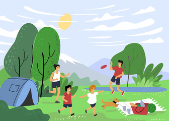 Happy family on picnic with tent. Man, woman children and dog in nature. Cartoon style