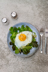 Fried egg with green salad on the plate. Concrete background.