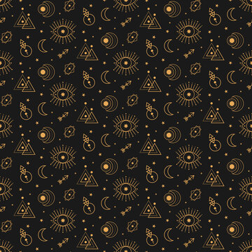 Celestial tarot astrological golden seamless pattern on dark background