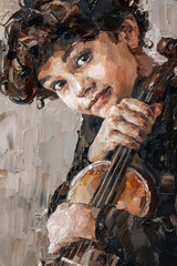 Junior with violin. The boy plays on a musical instrument. Oil painting on canvas. Contemporary art.