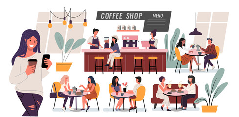 People eating at table in coffee shop. Cartoon vector character. Woman and man talking, drink coffee