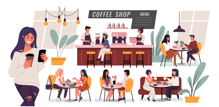 People eating at table in coffee shop. Cartoon vector character. Woman and man talking, drink coffee