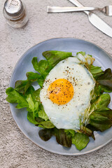 Fried egg with green salad on the plate. Concrete background.