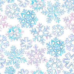 Watercolor seamless pattern of light blue and light pink snowflakes. Winter, New Year pattern.