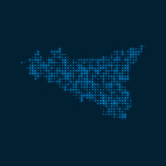 Fototapeta premium Sicilia dotted glowing map. Shape of the island with blue bright bulbs. Vector illustration.