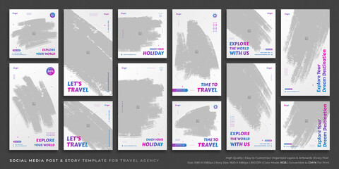 Travel Agency Social Media Post & Story Template, Fully Editable torn paper effects vector graphic, Trendy colorful visual branding set