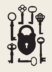 Vector banner with black silhouettes of vintage keys and an old lock on a light background. Padlock and a set of ornate antique keys of various shapes. Decorative illustration in retro style