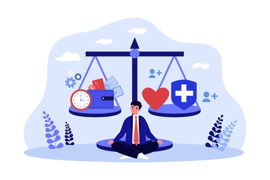 Businessman with scales in balance, money vs health. Man comparing cost of medical services flat vector illustration. Insurance, healthcare concept for banner, website design or landing web page