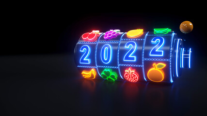 Slot Machine With Fruit Icons. Jackpot And Fortune. The 2022 Year Casino Gambling Concept With Blue Neon Lights - 3D Illustration