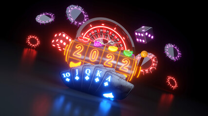 2022 Year Online Casino Gambling Concept. Royal Flash Poker Cards, Slot Machine, Dices And Roulette Wheel With Neon Lights - 3D Illustration