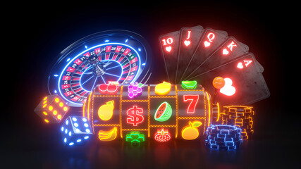 Slot Machine With Fruit Icons. Online Casino Gambling Concept With Neon Lights - 3D Illustration