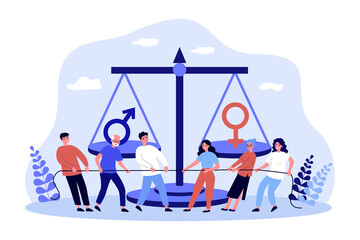 Obraz premium Fight for equal rights of male and female characters. Team of men and women pulling rope flat vector illustration. Gender equality, tug of war concept for banner, website design or landing web page