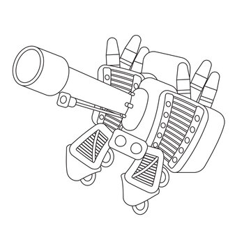 Flat design perspective of cannon fire on a white background. Cartoon and game concept icon cute style. An Army Field Gun outline stroke. The subject of war and aggression.Thin line. vector.