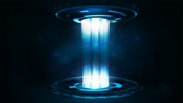 Blue digital teleport with particles and hologram digital rings in dark room