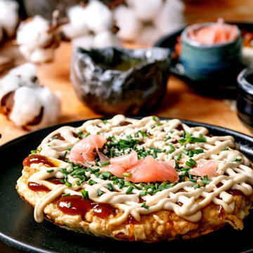 Homemade japanese fast food okonomiyaki cabbage pancake