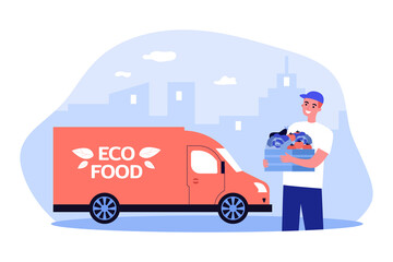 Courier holding box of vegetables near grocery truck. Man delivering organic products to clients home flat vector illustration. Eco food delivery concept for banner, website design or landing web page