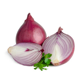 Red onion and slices isolated on a white background