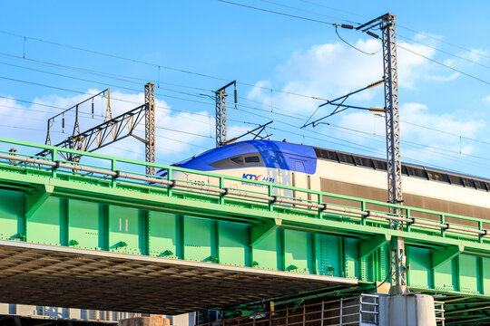 Seoul, South Korea : KORAIL KTX Sancheon. Operation of high-speed train KTX Hangang Railway Bridge. Korea ktx high speed train service.