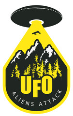 Vector banner on the theme of an alien invasion with the words UFO aliens attack. Decorative shaped emblem with a big flying saucer that sent a light beam and kidnaps a person at the mountains.
