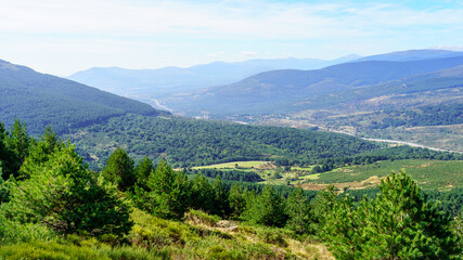 Panoramic with views of the high mountains partially covered by mist. Somosierra Madrid.