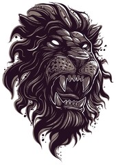 Graphic hand drawn detailed lion head with open mouth and sharp canines. Vector tattoo or logo sketch.