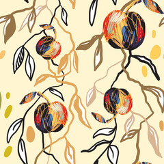Linear illustration of colorful apples with leaves.Seamless Pattern on the light beige background.