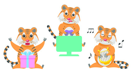 Set Abstract Collection Flat Cartoon 
Different Animal Tigers Plays The Lyre, Plays Games On A Gamepad, Surprised By The Gift Vector Design Style Elements Fauna Wildlife