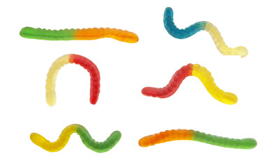 Collection of gummy worms candies isolated on white 