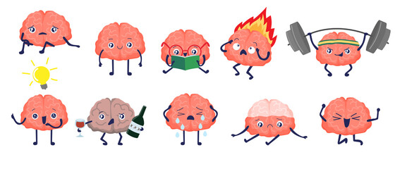 Brain character. Cartoon cute brain with face. Book, power, sadness, happy, depressed. Internal human organs. Stock vector illustration isolated on white background.