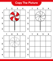 Copy the picture, copy the picture of Candy using grid lines. Educational children game, printable worksheet, vector illustration