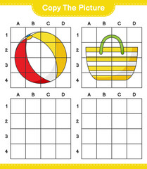 Copy the picture, copy the picture of Beach Bag and Beach Ball using grid lines. Educational children game, printable worksheet, vector illustration