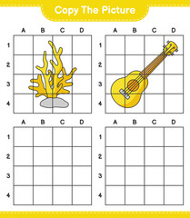 Copy the picture, copy the picture of Ukulele and Coral using grid lines. Educational children game, printable worksheet, vector illustration
