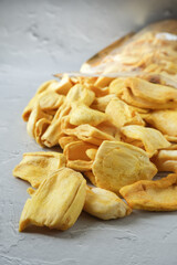 Dried jackfruit chips with white background