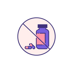 pills are prohibited single flat line icon isolated on white. Perfect outline symbol Prevention Coronavirus Covid 19 pandemic banner. flat design warning without medicine drugs free