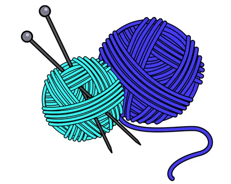 Balls of yarn for knitting with needles - vector full color picture for a  logo or pictogram. Round balls of blue and turquoise yarn with knitting  needles for a sign or icon