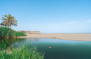 Paisaje de un lago verde con patos, una duna de arena de playa, y sombrillas y las aguas azules del  mar en el horizonte un día soleado con cielo azul de fondo.