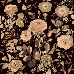 Seamless watercolor pattern with beige peonies and roses on dark background, Vector Illustration on a light background. Trendy floral texture, print