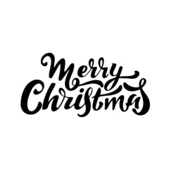 Merry Christmas vector hand lettering. black letters. Calligraphy card sticker graphic design element.  Lettering celebration logo. Typography for winter holidays. 