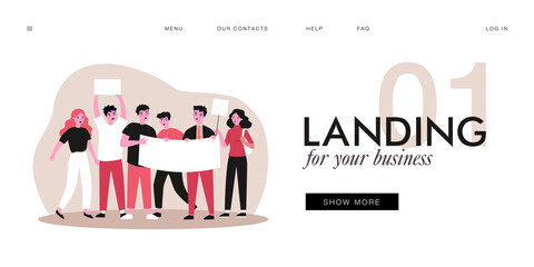 Group of people with placard and banner at protest. Female character speaking into megaphone flat vector illustration. Demonstration, activism concept for banner, website design or landing web page