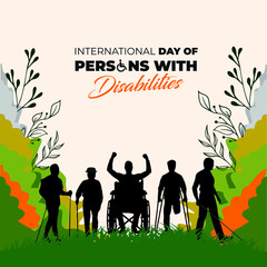 International Day of Persons with Disabilities. Men in wheel chair and man with prosthesis. Template for background, banner, card, poster. Vector illustration.
