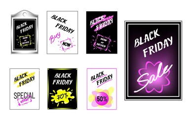 Set of Black Friday commercial banners, cards, flyers, labels, or stickers, with a sample of tag. Grunge style brush stroke, ink or paint splash and lettering, neon slogans for prints, web design, ads