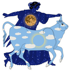 Europa and Zeus bull as sunny day and starry night with full moon. Ancient Greek mythology. Creative concept. © Olena