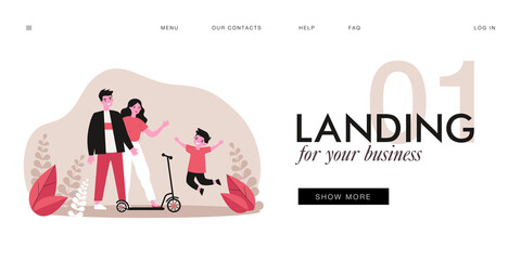 Young mom, dad and happy kid with scooter. Flat vector illustration. Parents giving their son scooter, walking together in nature. Family, transport, entertainment, gift, attention, childhood concept