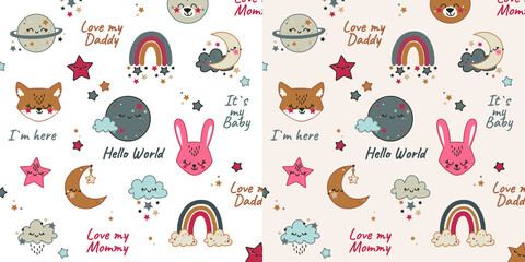 Vector hand drawn baby pattern set for nursery decoration with cute rainbows, clouds, moon, stars and animals. Perfect for baby shower, birthday card, clothing and wallpaper prints
