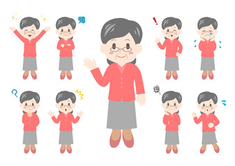 女性シニア女性のポーズと表情のイラスト: 全身セット